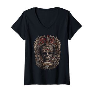 Womens Mexican Aztec King Skull V-Neck T-Shirt